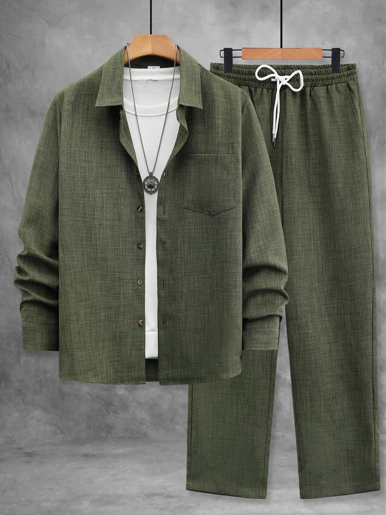 Men's Spring and Autumn Thin Cotton-Linen Two-Piece Set, Army Green Collared Long-Sleeve Shirt and Straight-Leg Pants, Vintage Wooden Button Loose Comfortable Casual Men's Outfit Set