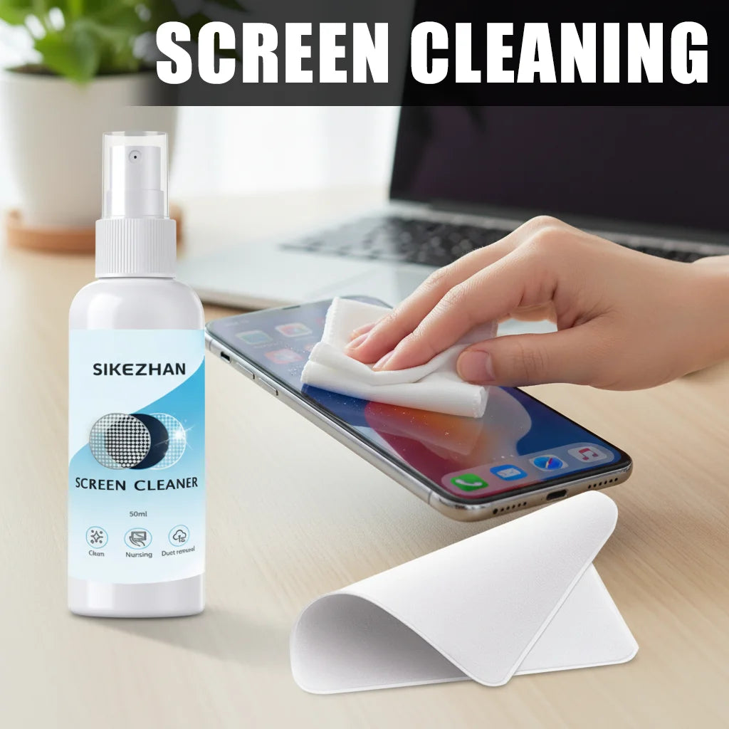 Screen Cleaner Spray + Polishing Cloth Set 50ml, Streak‑Free for Phone/Tablet/Laptop/Monitor, Removes Fingerprints, Oil & Dust