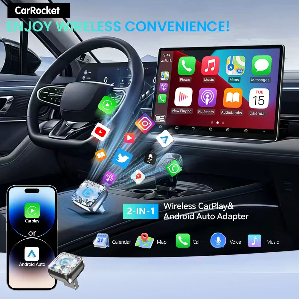 CarRocket Mini 2in1 Wireless Adapter Wireless CarPlay Android Auto For OEM Car Plug and Play WiFi Bluetooth Auto Connection