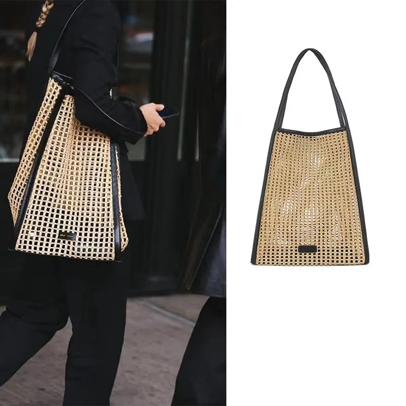 Khaite Laffey Grass Woven Tote Bag Large Capacity Hollow Underarm Beach Vacation Single Shoulder Bag Soft Leather Handbag