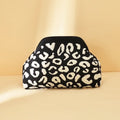 Leopard Print Knitted Clutch Bag Large Capacity Foldable Cloud Ruched Block Grid Clip Bag for Women Beach Crossbody Handbag