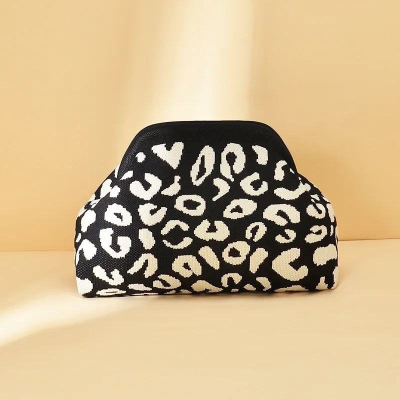 Leopard Print Knitted Clutch Bag Large Capacity Foldable Cloud Ruched Block Grid Clip Bag for Women Beach Crossbody Handbag