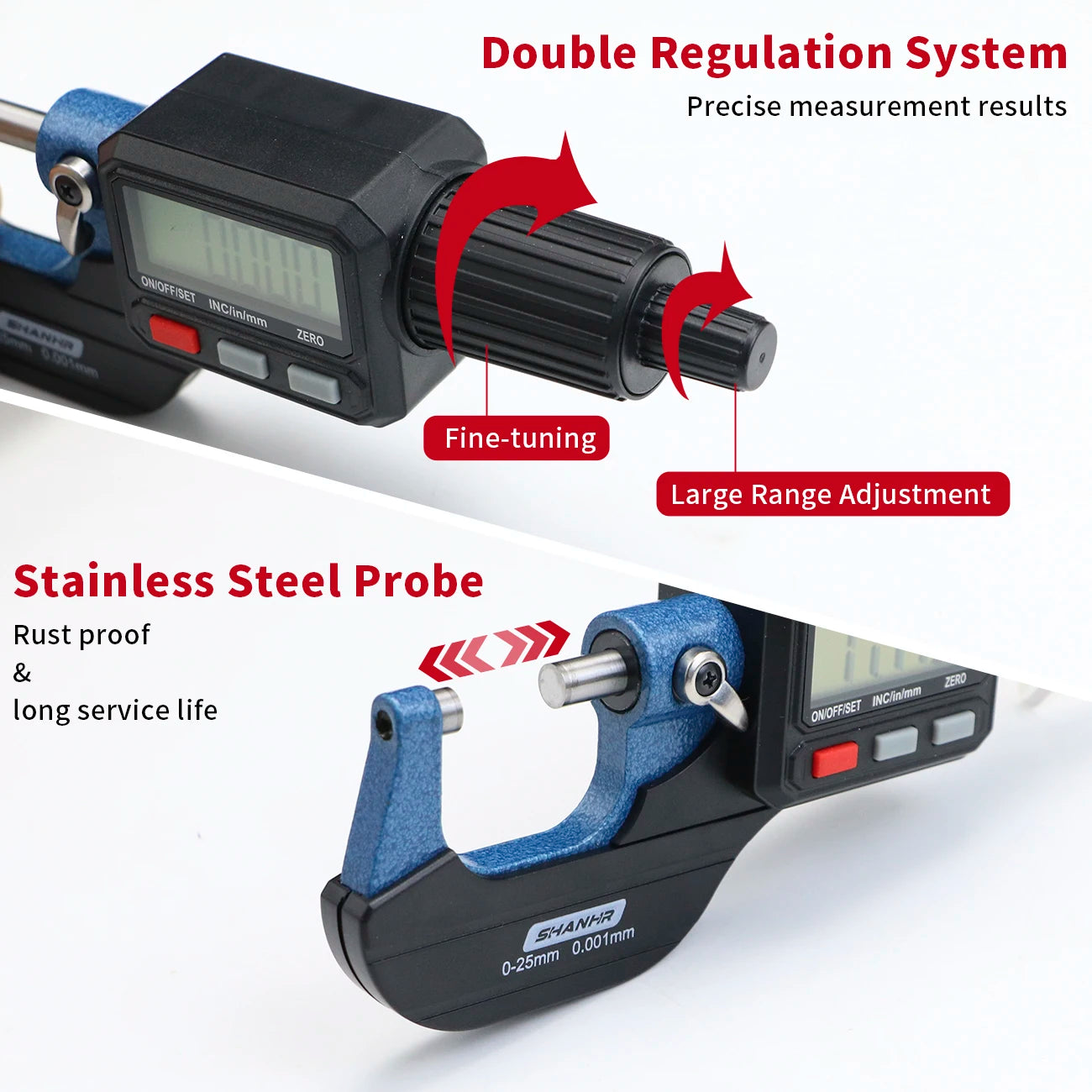 SHANHR 0-25mm Digital Micrometer Metric Inch Conversion ABS Function Large LCD Display Precision Micrometer Measuring Tool