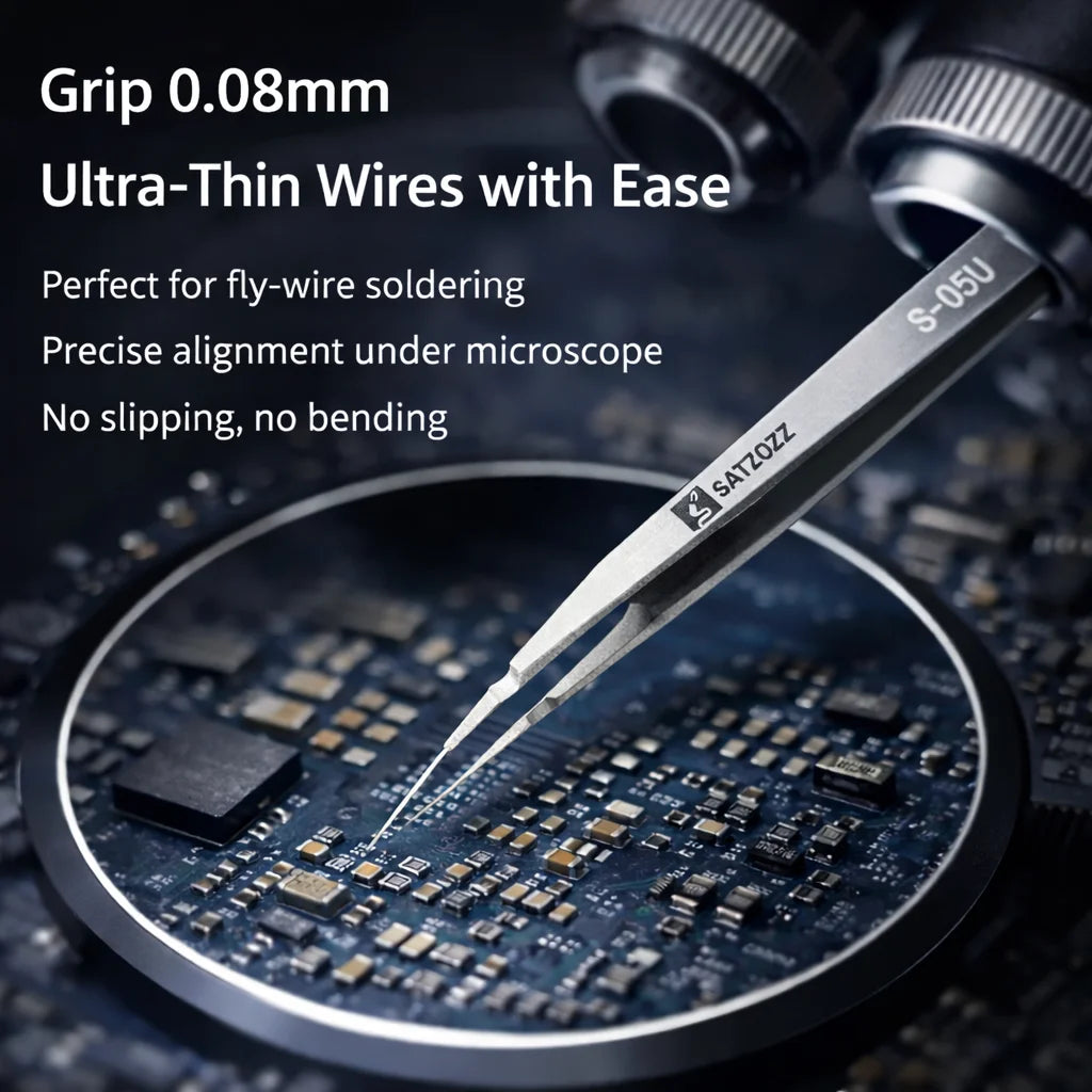 SATZOZZ S-05U Ultra Fine Precision Tweezers for Phone PCB Repair 304 Stainless Steel Non-Magnetic Anti-Static