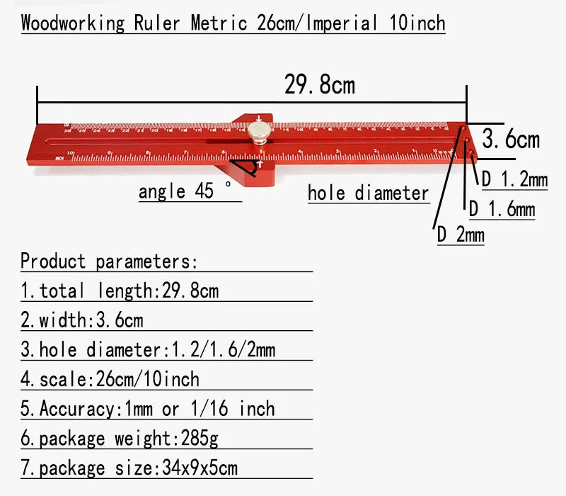 High-Precision Scale Ruler T-Type Hole Ruler Stainless Woodworking 100mm 200mm Scribing Mark Line Gauge Carpenter Measuring Tool