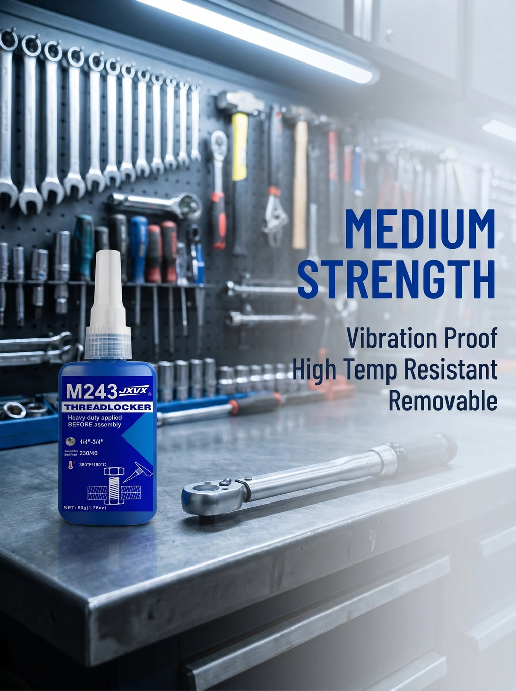 Medium Strength Blue Threadlocker, 50ml, Oil-Resistant and Anti-Rust Anaerobic Adhesive for Metal Fasteners on Motorcycles, Bicycles and Cars