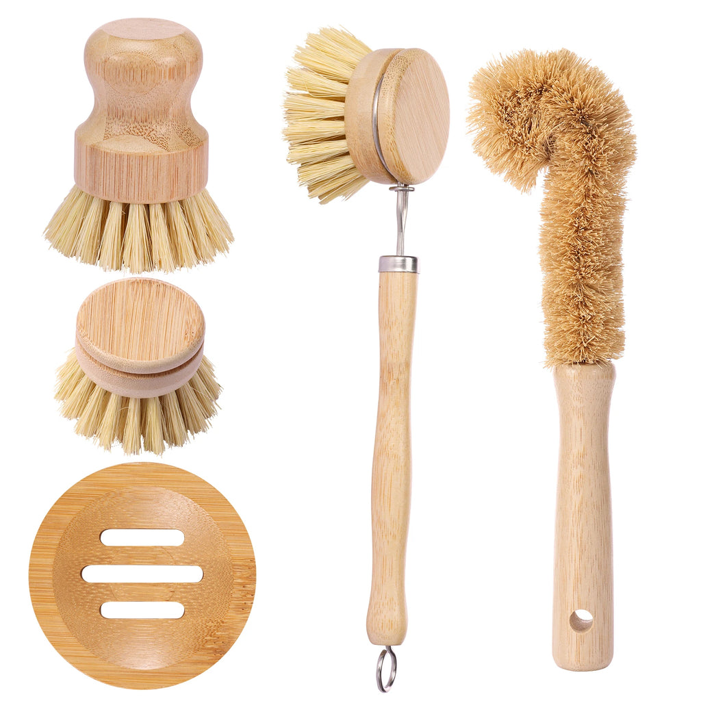 3/4/5/10Pcs Bamboo Dish Scrub Brushes Replaceable Dish Brush Kitchen Cleaning Scrubbers Household Cleaning Brush Wooden Tool