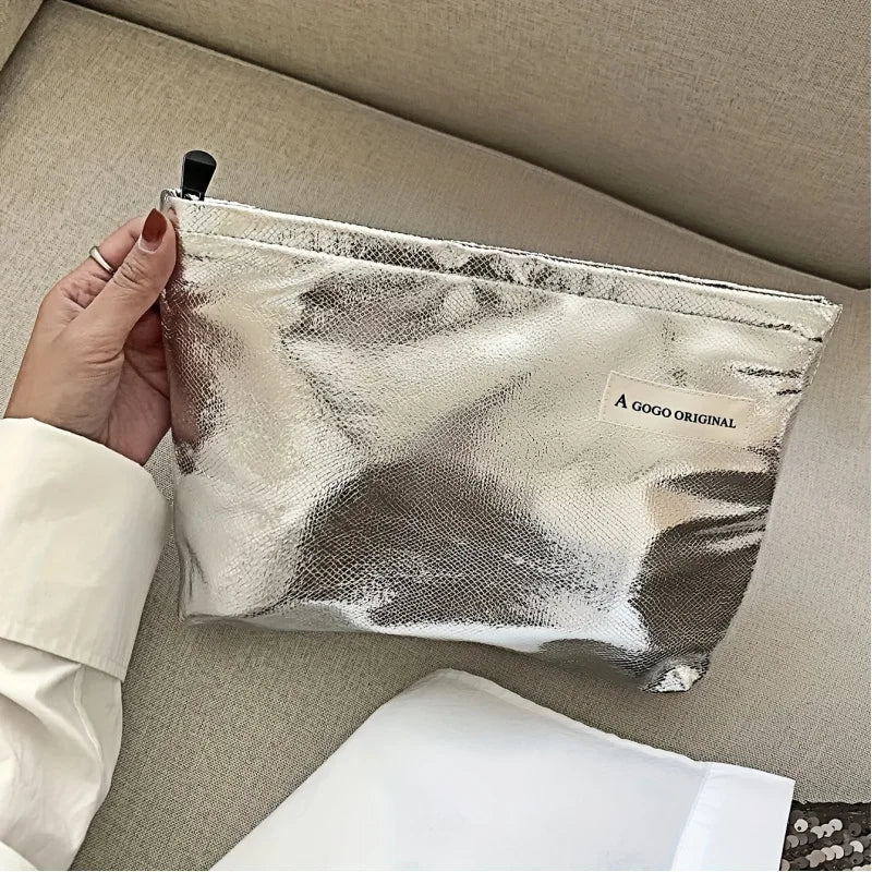 1 Large Capacity Zipper Clutch Bag - Travel-friendly Handheld Makeup Bag, Washable Storage Box, Elegant Solid Color (Gray/Champa