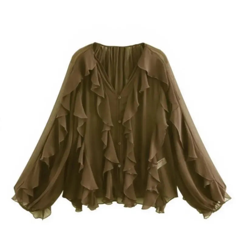 2026 Summer Chic Women's Elegant Loose Long Sleeve Layered Shirts Office Lady Vintage V-neck Translucent Tierred Ruffles Blouses