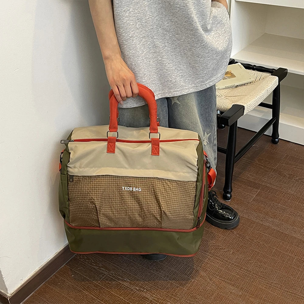 Duffle Bag Travel Handbag Detachable Shoulder Strap Grid Splicing Expandable Storage Bag for Weekend Trip Sightseeing Outing