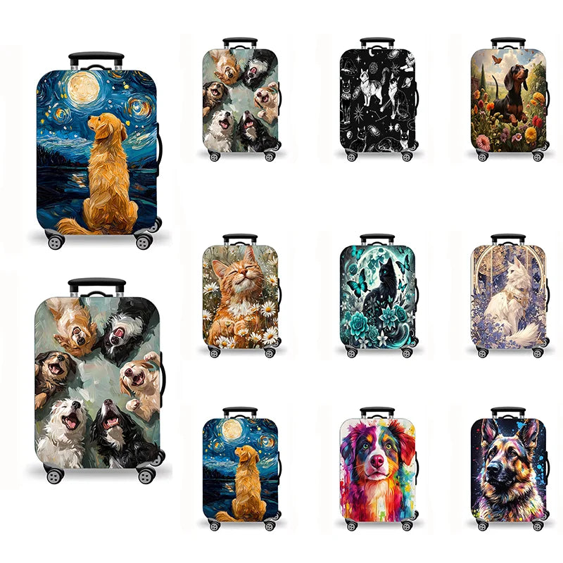 Suitcase protective cover, travel oil painting cat and dog pattern elastic suitcase dust cover, a total of 9 colors