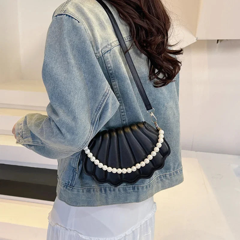 Durable Cute Shell Shoulder Bag Minimalist with Pearls Design Crossbody Bag PU Leather Pearl Decorated Handbag for Women Girls