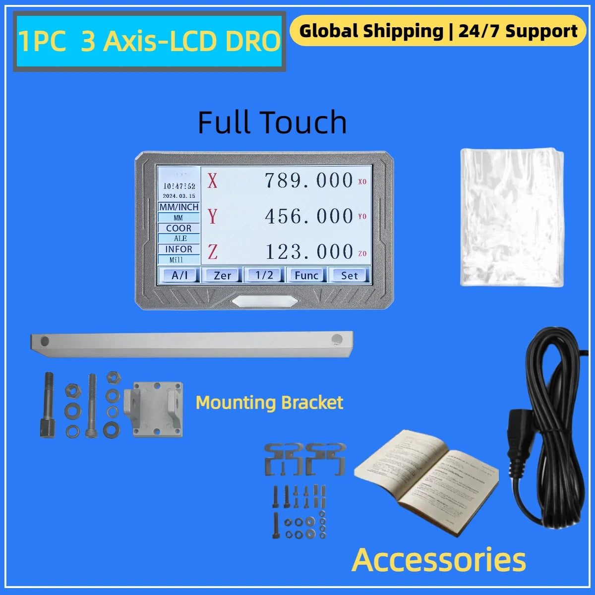 High Accuracy 3 Axis LCD DRO Set Digital Readout and 3 Pieces 0-1000mm 5um 1um Linear Scale Encoder Sensor Grating Ruler