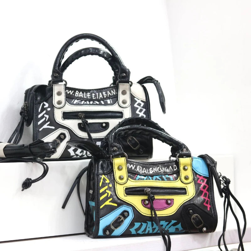 Women Casual Single Shoulder Moto Bag Niche Graffiti Microfiber PU Retro Large Fashion Hand Purse