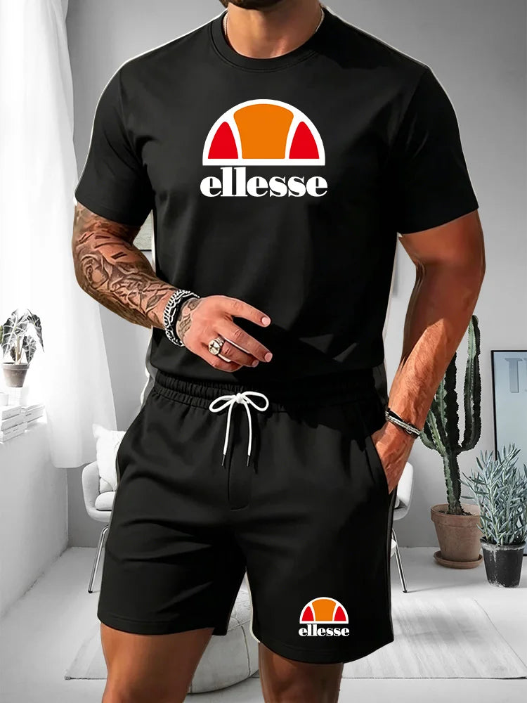 2026 Summer New Men's Fashion Outdoor Sports Set Printed Short Sleeve T-shirt+Shorts Loose Home Leisure Two Piece Set