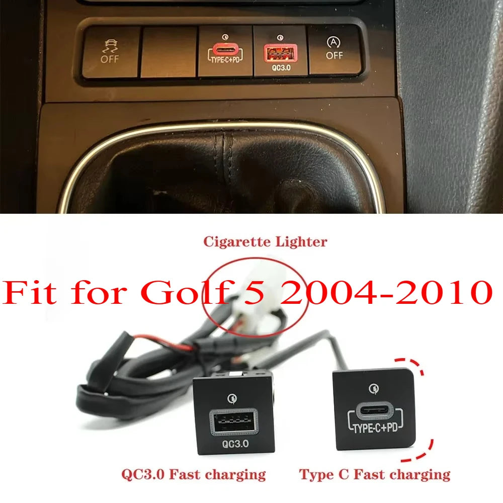 24*24mm Red LED Car Phone Charger Double USB Type-c PD Fast Charging Adapter for VW Golf 5 MK5 2004-2010 Accessories