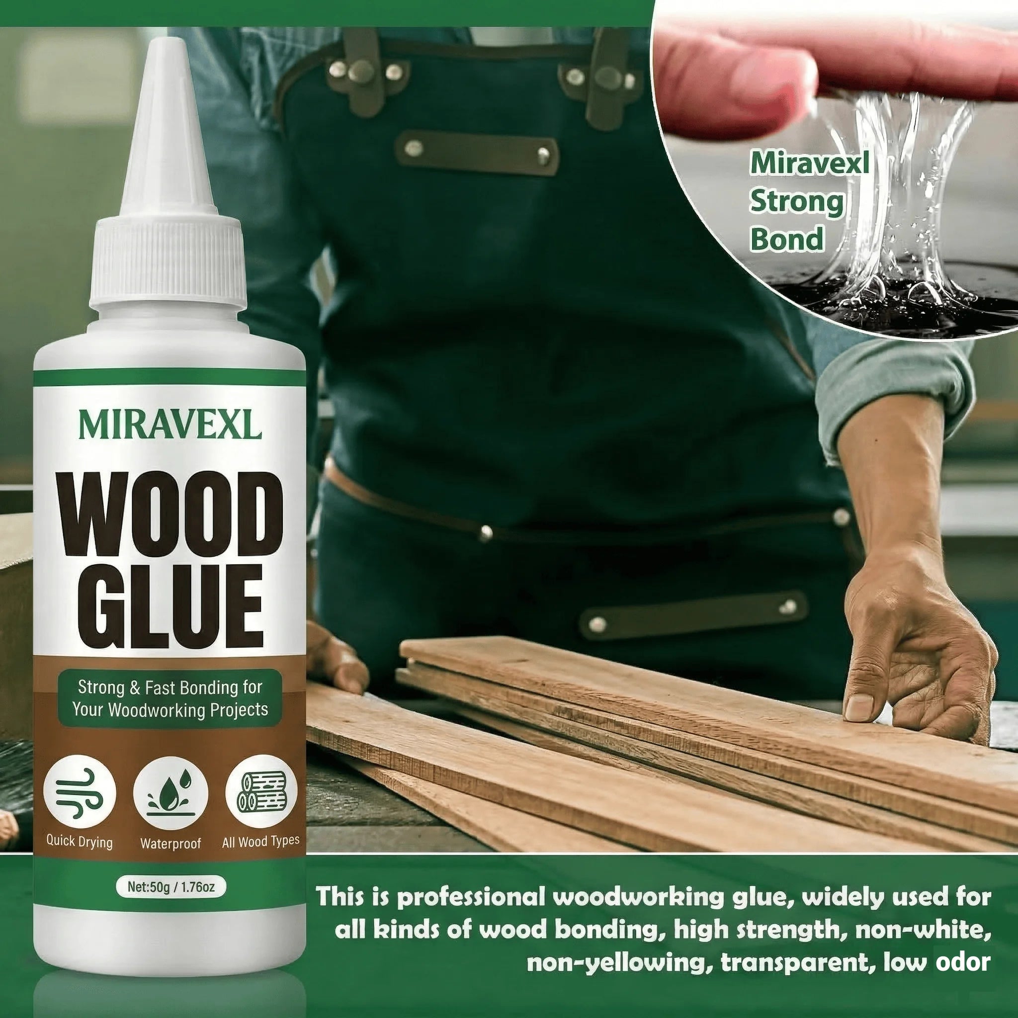 50G Wood Glue Professional Strong Bonding Fast Drying Waterproof Adhesive for Carpentry DIY Woodworking Projects MIRAVEXL Glue