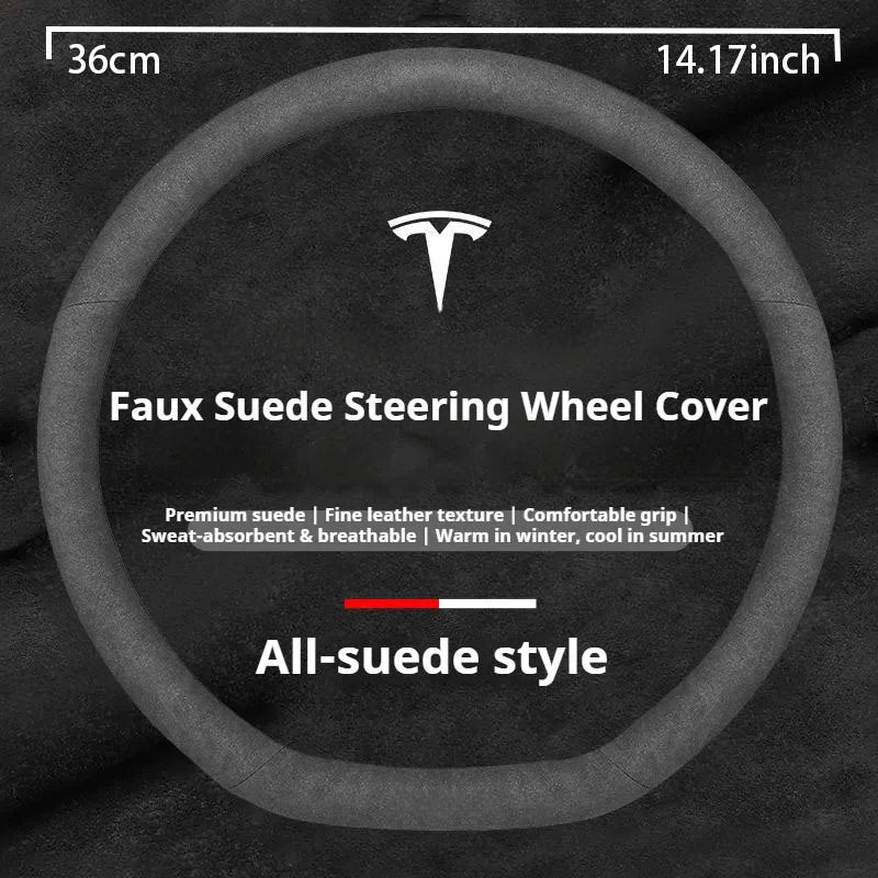 For Tesla Model 3 Model Y Model S Model X Roadster Suede Anti-slip Breathable Leather Car Steering Wheel Cover Auto Accessories