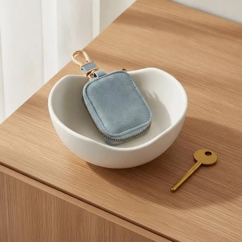 Soft Suede Car Key Holder Case Zippered Design with Durable Metal Carabiner Small Storage Pouch for Keys Earbuds Travel Use