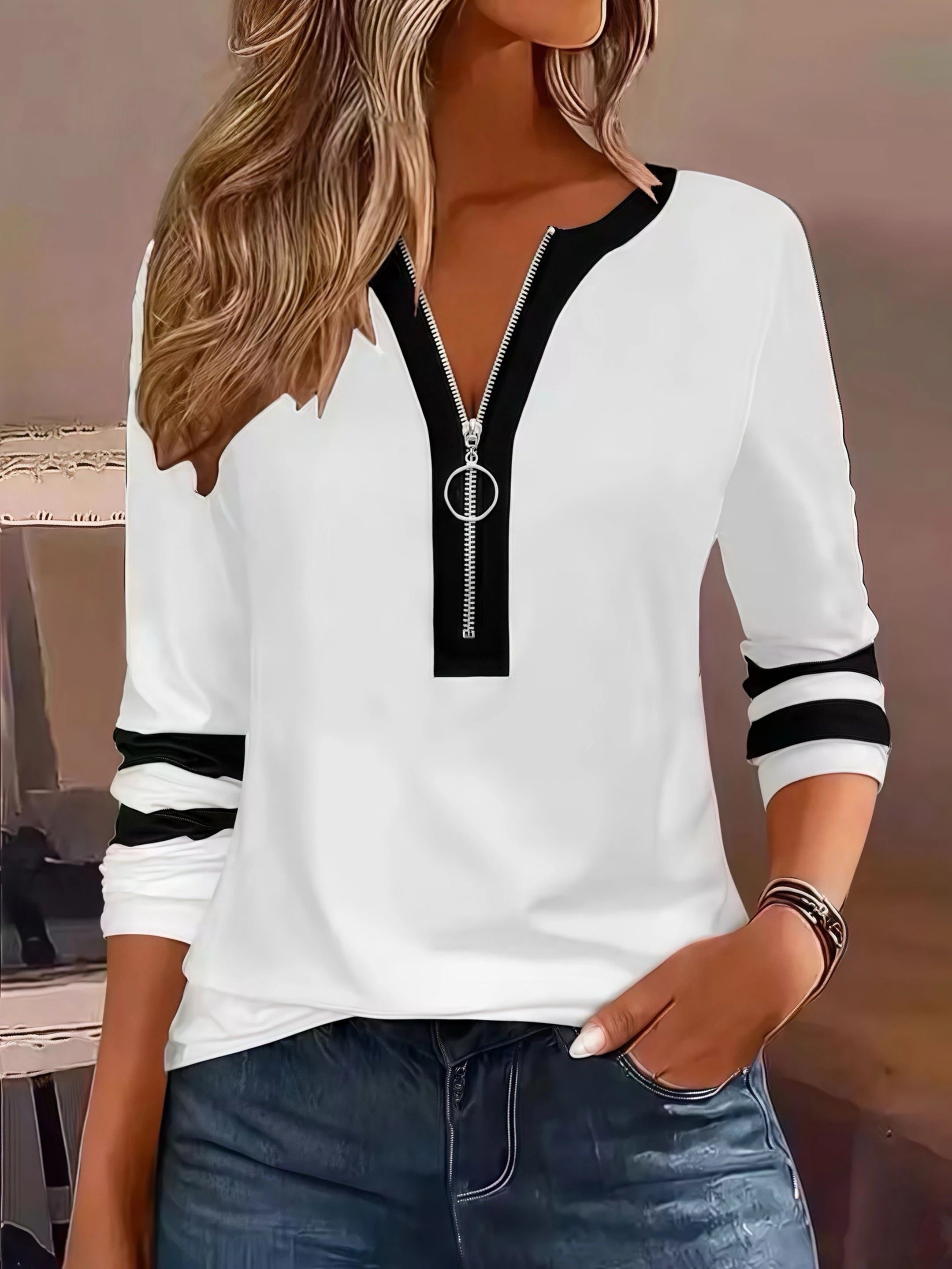 Plus Size Long Sleeve T-Shirt with Geometric Stripes & Color Block Ring Zipper Detail - Fall Fashion