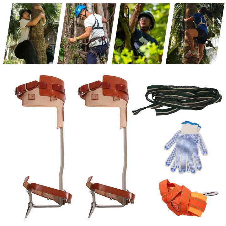 Climbing Pitons, Tree Climbing Gear, Double Claw Climbing Tool, Stainless Steel with Thickened Pedal, Reinforced Curved Frame, Safety Belt, Rope, Gloves, Secure Dual Buckle System, 220lbs Load, Outdoor Mountaineering Arborist