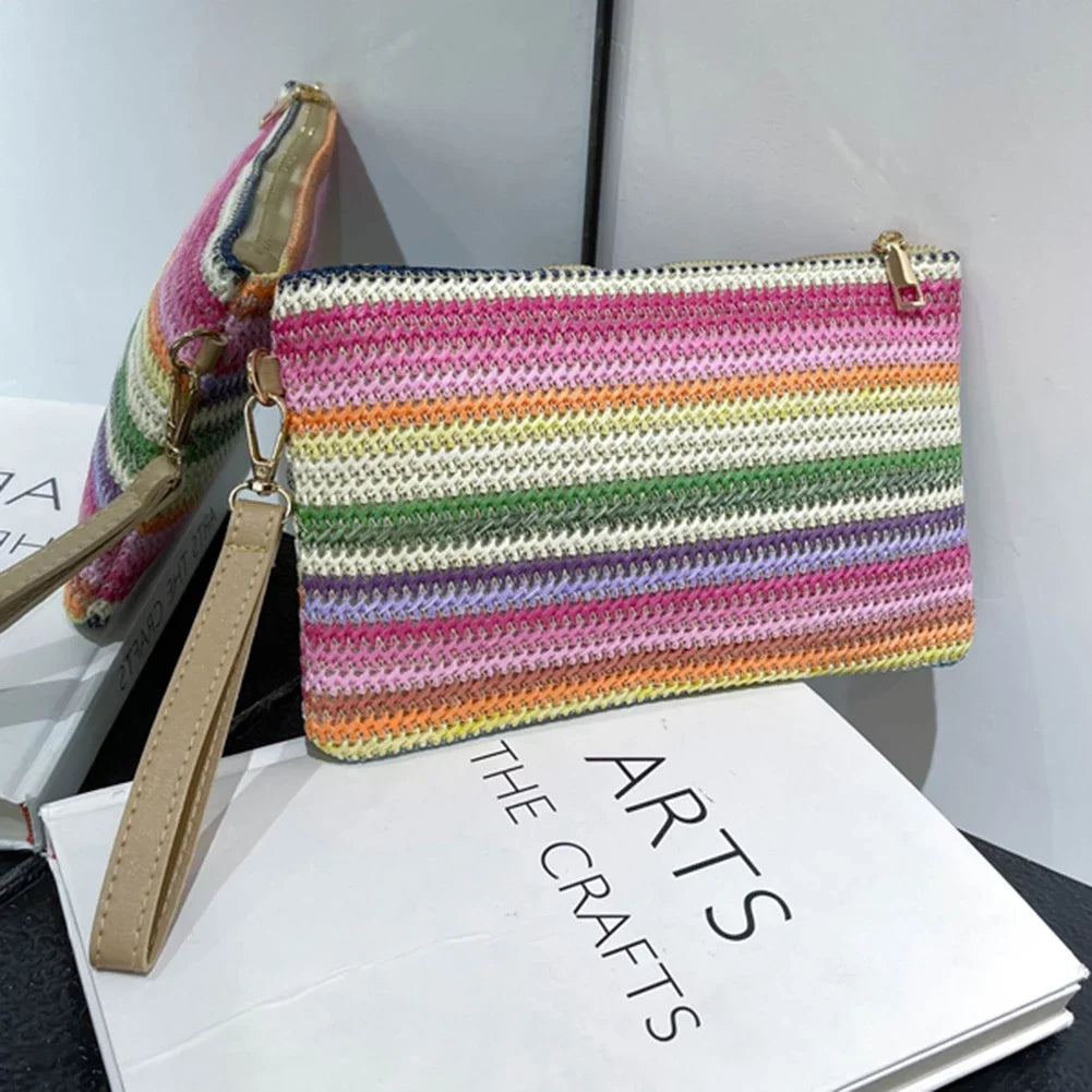 Woven Clutch Bag Colourful Money Beach Long Bag Handmade Vintage Casual Portable Elegant Simple Exquisite for Weekend Vacation