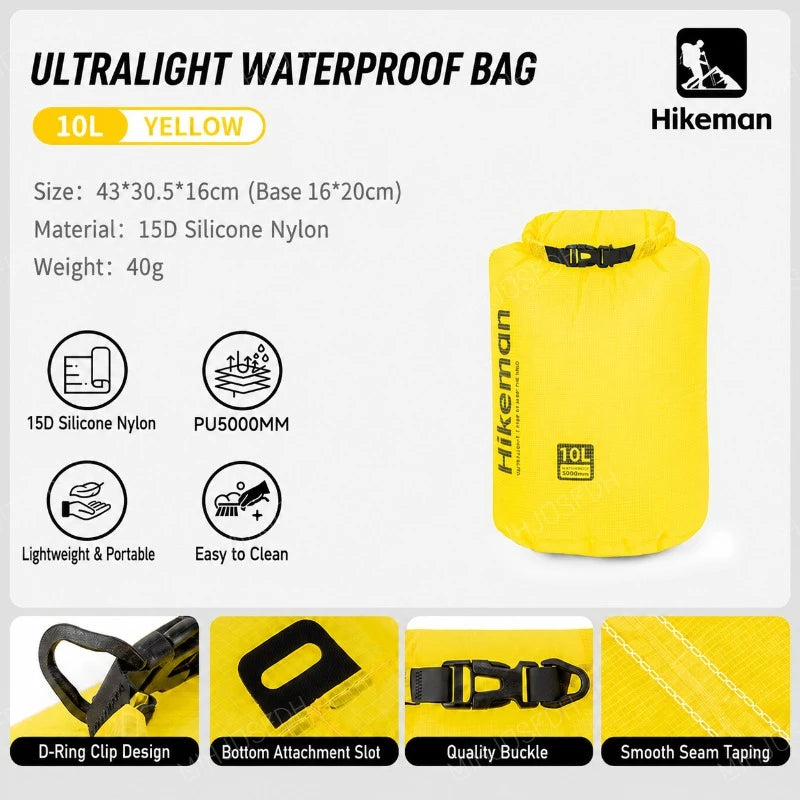 HIKEMAN Ultralight Waterproof Dry Bag Outdoor Storage Sack 15D Silicone Nylon 6L 10L 16L for Camping Hiking Travel and Swimming