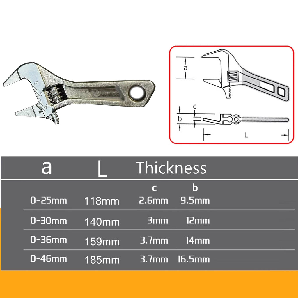 Ultra-Thin Adjustable Wrench with Large Opening Short Handle Mini Monkey Spanner Laser Scale Rubber Coated Key for Bathroom Tool