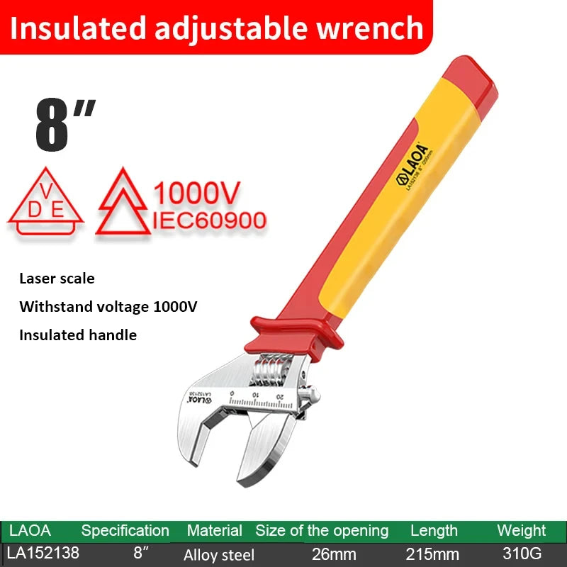 LAOA VDE Insulated Adjustable Wrench 6inch /8/10/12 inch 1000V Universal Spanner Electrician Maintenance Handle Hand Repair Tool