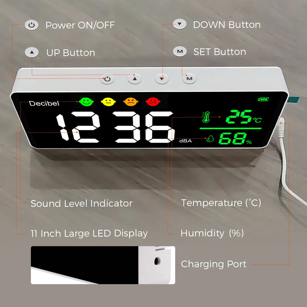 Decibel Sound Level Meter 11 inch Large LED Display Noise Temperature Humidity Meter with Alarm Icons Indicator Multi-function