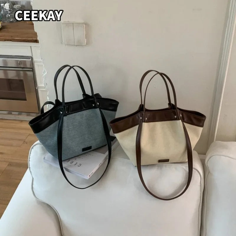 CEEKAY Minimal Linen PU Spliced Large Tote Bag Leather Long Handle Blank Front Tag Two Ways Carry Light Portable Shoulder Purse