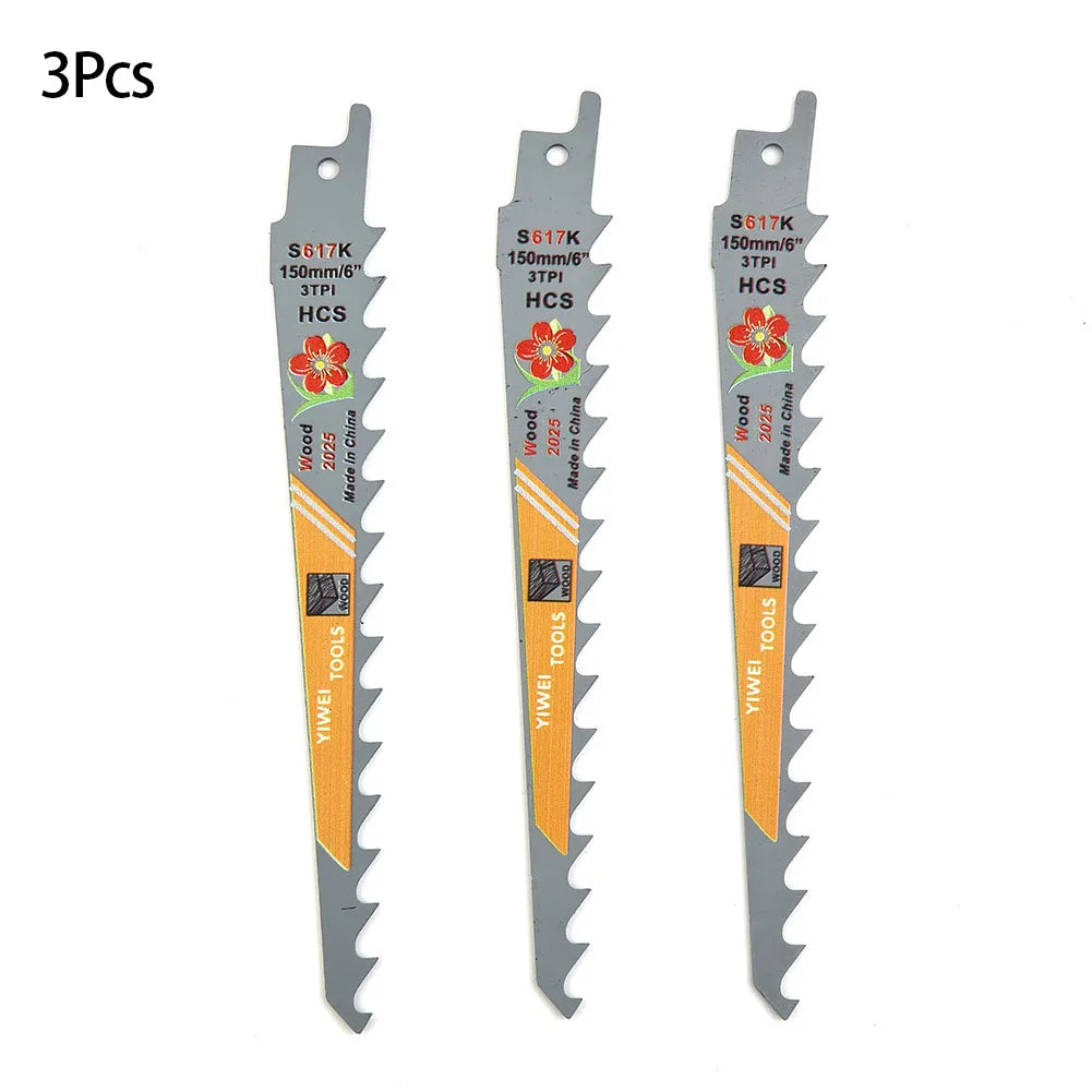 3pcs 6-Inch 3-TPI HCS Reciprocating Saw-Blades For Fast Wood Cutting Nail Embedded Pruning Curved And Plunge Cuts Black