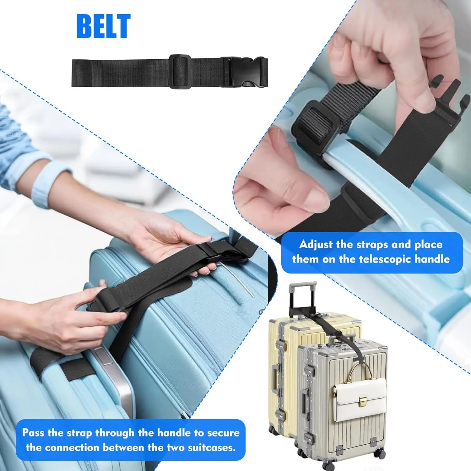 2 Sets Adjustable Nylon Luggage Connecting Straps Portable Fastening Belt Travel Accessory for Suitcase Handbag Outdoor Trip