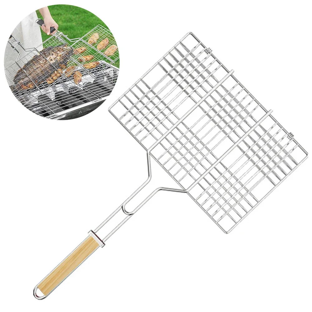 Folding Portable Outdoor Camping Stainless Steel BBQ Rack with Removable Handle Grilling Basket Barbeque Griller Cooking Tools
