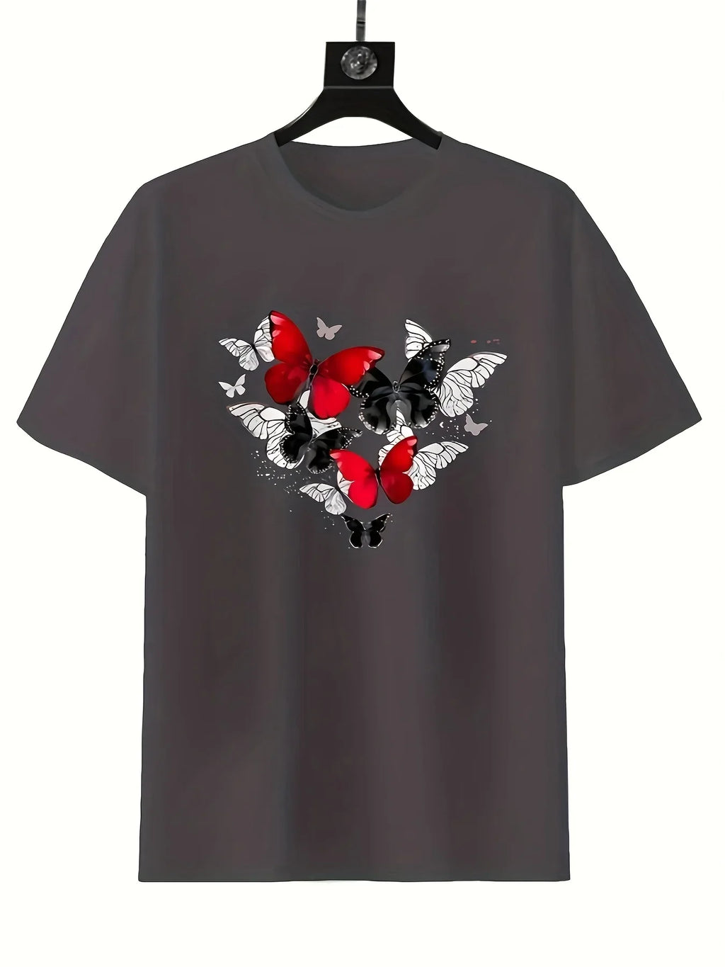 Women's Red Butterfly Heart Print Plus Size T-Shirt Short Sleeve Round Neck Casual Top for & All-Season Wear