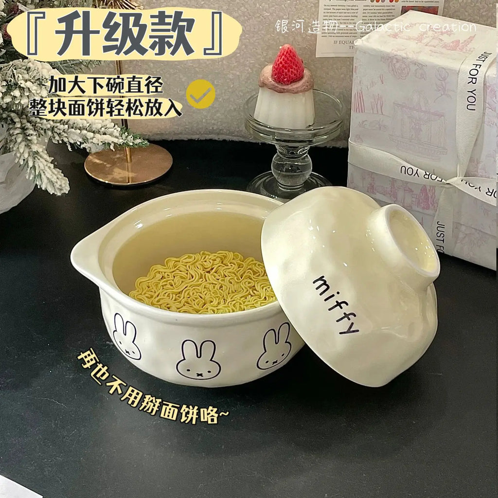 Kawaii Tableware Ceramic Rice Bowl with Lid Easy To Clean Household Use Instant Noodle Bowl Microwaveable Spoon Heating Miffy