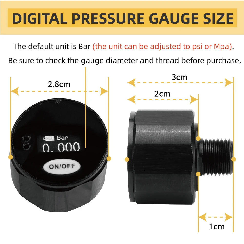 28mm Rechargeable High-Pressure Gauge, 1/8BSP Digital Pressure Gauge, High-Precision HPA Gauge, Three Units Can Be Adjusted