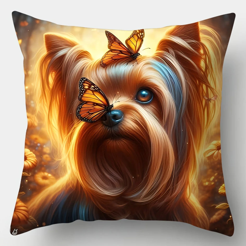 4pcs Cute Pet Animal Print Pillow Covers Adorable Yorkshire Terrier Dreamy Pattern Decorative Cushion Cases for Living Room Sofa