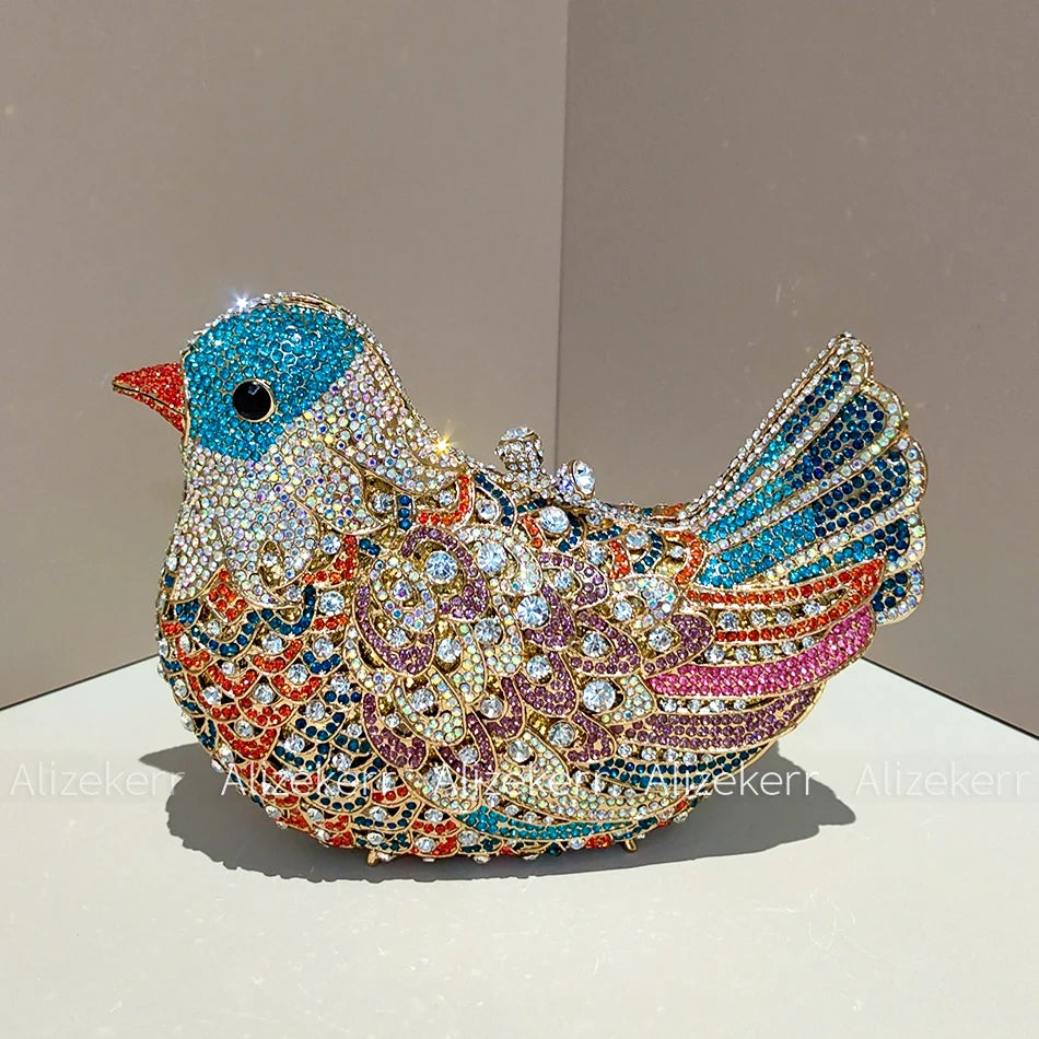 Alizekerr Pigeon Shaped Crystal Evening Bags Women Gorgeous Rhinestone Metallic Bird Clutch Purses Ladies Unique Handbags Party