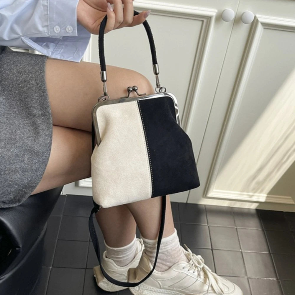 Large Capacity Retro Frosted Handbag Kiss Lock PU Leather Crossbody Bag Clip Closure Short Handle Clutch Shoulder Bag Shopping