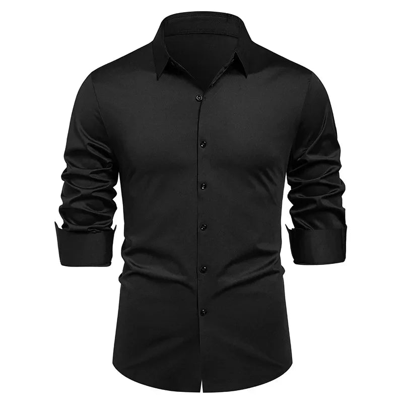 High-end Formal Work Shirts Men Spring Autumn Long Sleeve Elastic Shirt Anti-wrinkle Free Ironing Business Comfort Slim Workwear