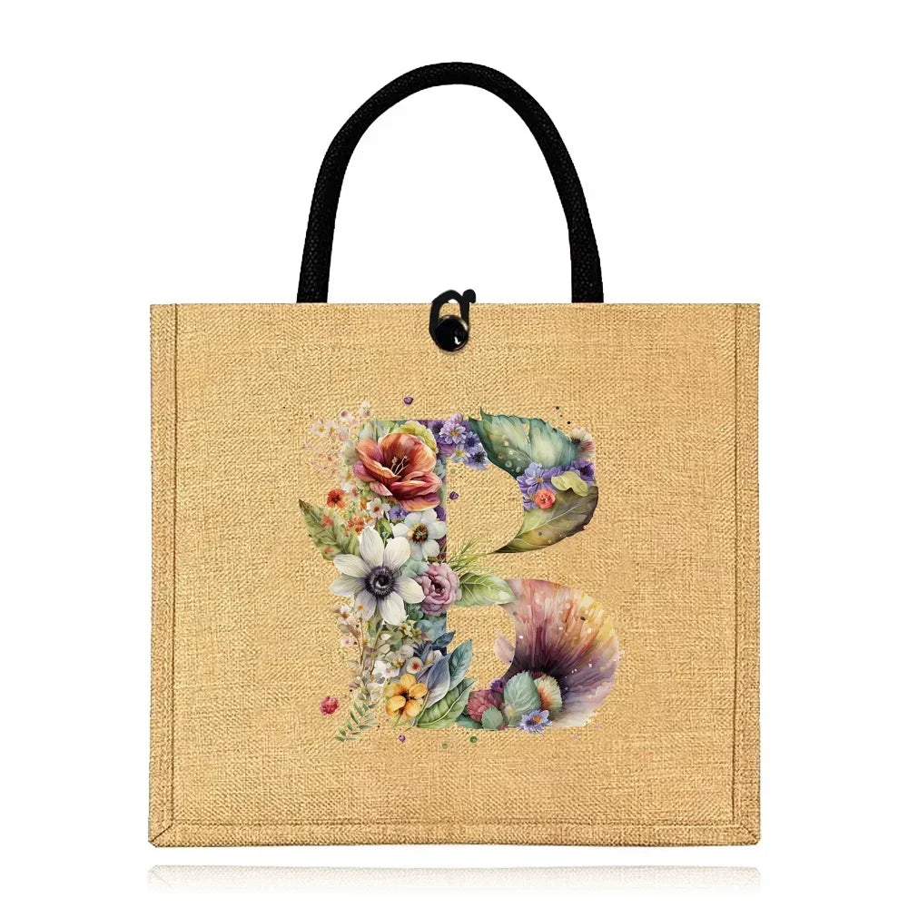 Flax Bag Fastener Handbag Organizer Storage Jute Tote Bags Imitation Cotton Women Valise Portable Floral Letter Printing Series