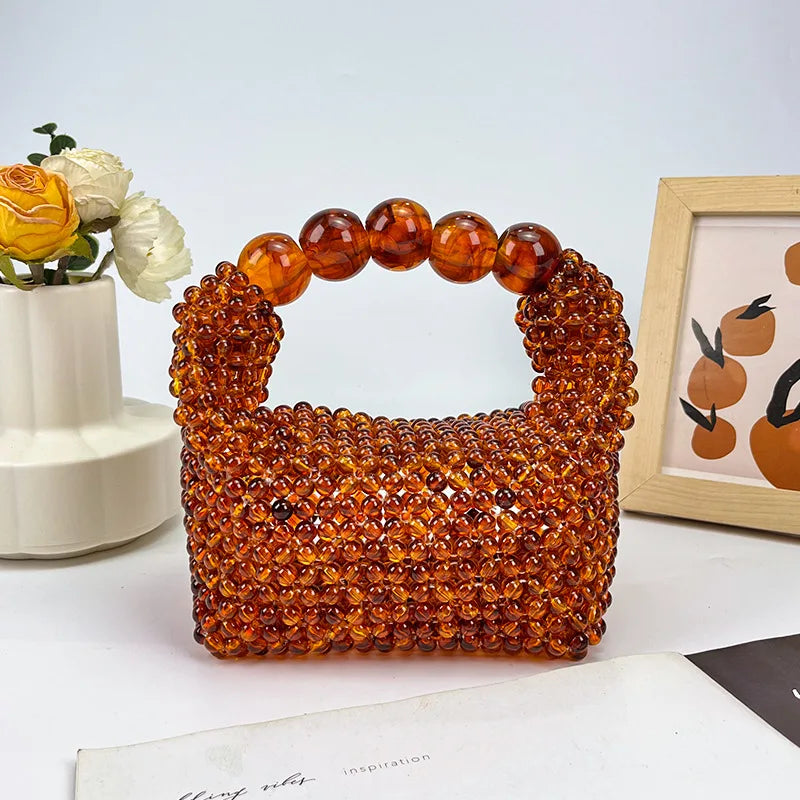 Handmade Beaded Large Capacity Dumpling Shape Women's Fashion Handbag Party Bag Wind Amber Color Handheld Bag Carryall Tote
