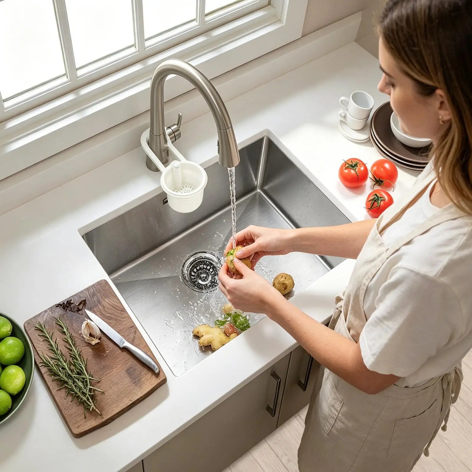Food Strainer for Sink Adjustable Garbage Colander with Push-to-pour Design Kitchen Food Waste Catcher for Pasta Soup Stain Hair