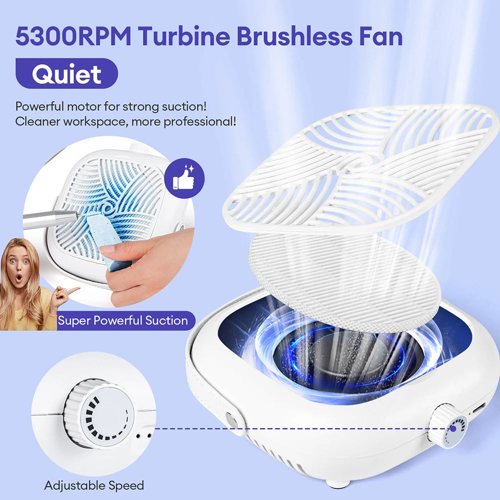 5300RPM Turbine Brushless Nail Dust Vacuum Flat Upright Dual Use Foldable Nail Dust Extractor with Removable Filter Vacuum Fan