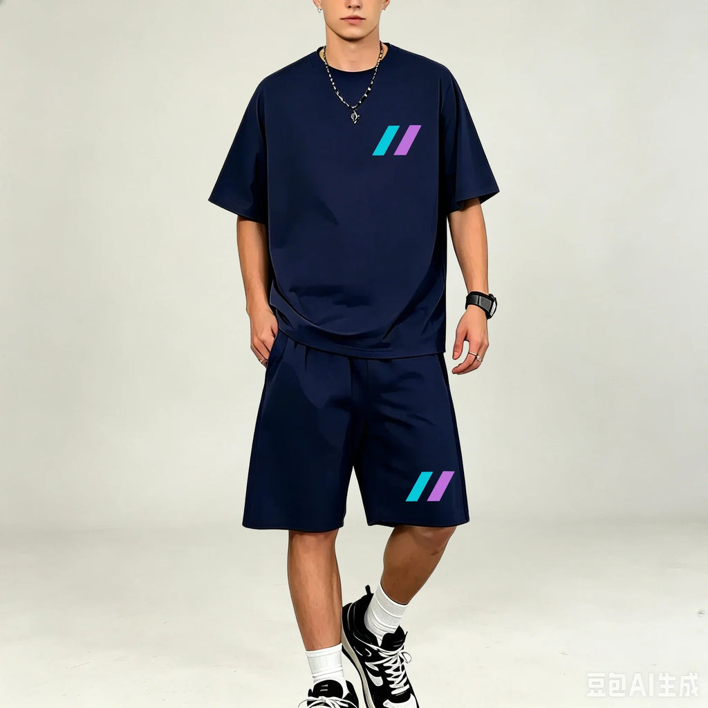 Men T‑Shirts Sets 2‑Piece Suits Relax‑Fit Short‑sleeve Tee And Pocket‑Shorts Sets Breathable Street‑Style T‑Shirts Sets For Guys