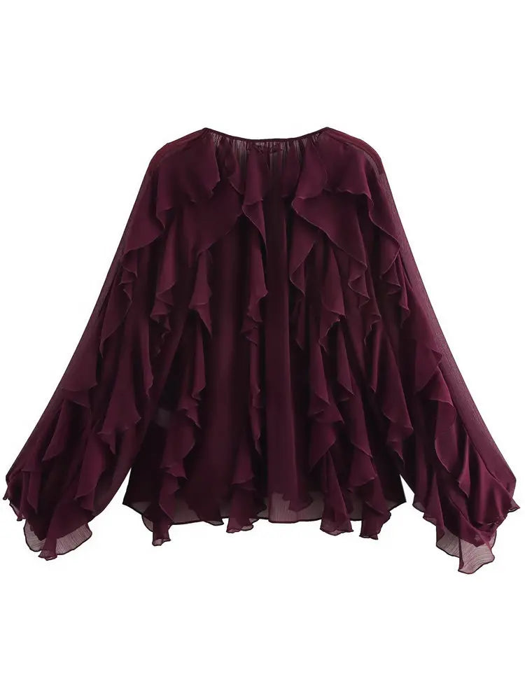 2026 Summer Chic Women's Elegant Loose Long Sleeve Layered Shirts Office Lady Vintage V-neck Translucent Tierred Ruffles Blouses