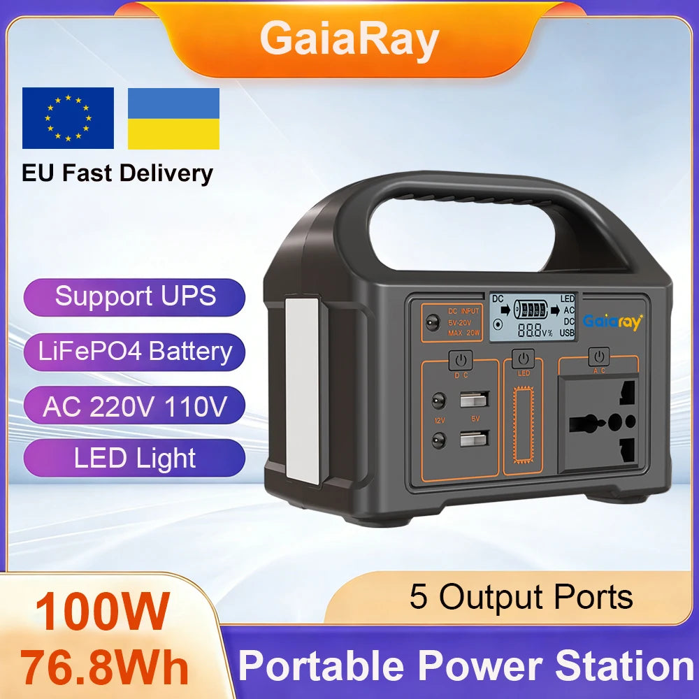 Gaiaray Portable Power Station 100W Solar Generator 76.8Wh LiFePO4 Battery Charging Station AC 220V 110V Power Bank For Camping