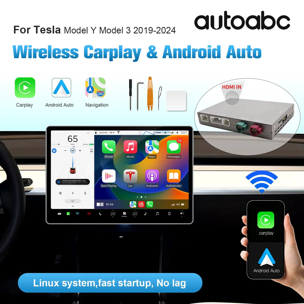 AUTOABC Wireless CarPlay Android Auto for Tesla Model 3 Model Y 2019-2024 Support for Aftermarket Cameras