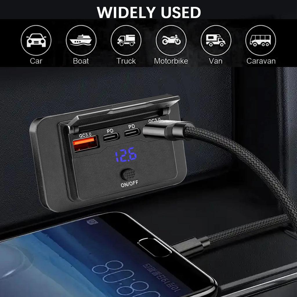 12V/24V Car Dual USB PD Port Charger Power Adapter PD QC3.0 Car Charger Socket Mobile Phone Charging Outlet Panel Universal